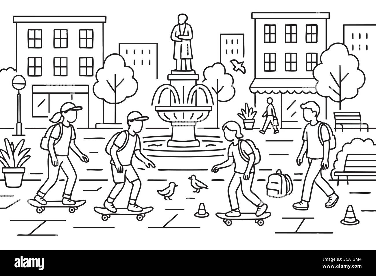 Illustration carrée de la ville avec des adolescents chevauchant des skateboards près de la fontaine et du monument Illustration de Vecteur