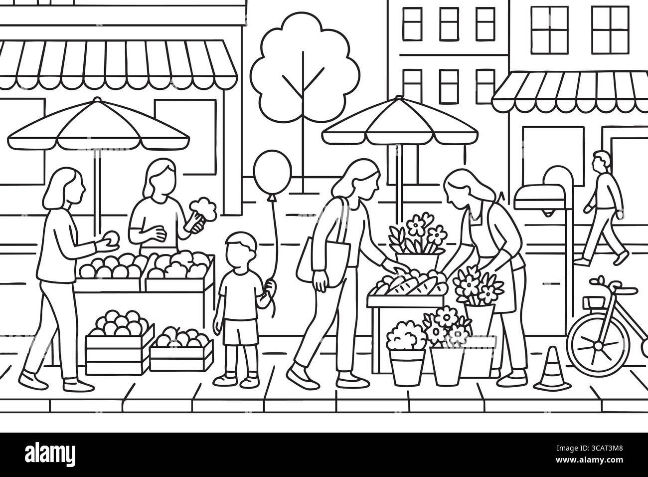 Illustration d'art au trait d'un marché de rue animé avec des gens achetant des fruits et des fleurs Illustration de Vecteur