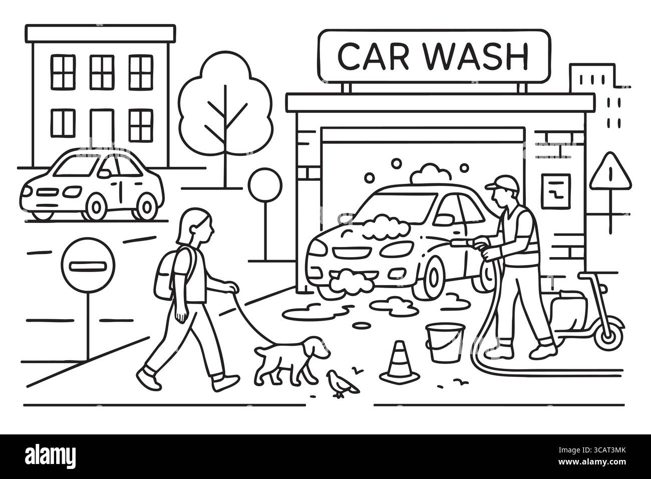 Scène de lavage de voiture avec l'homme lavant la voiture et la page de coloriage de chien de promenade piétonne. Illustration de Vecteur