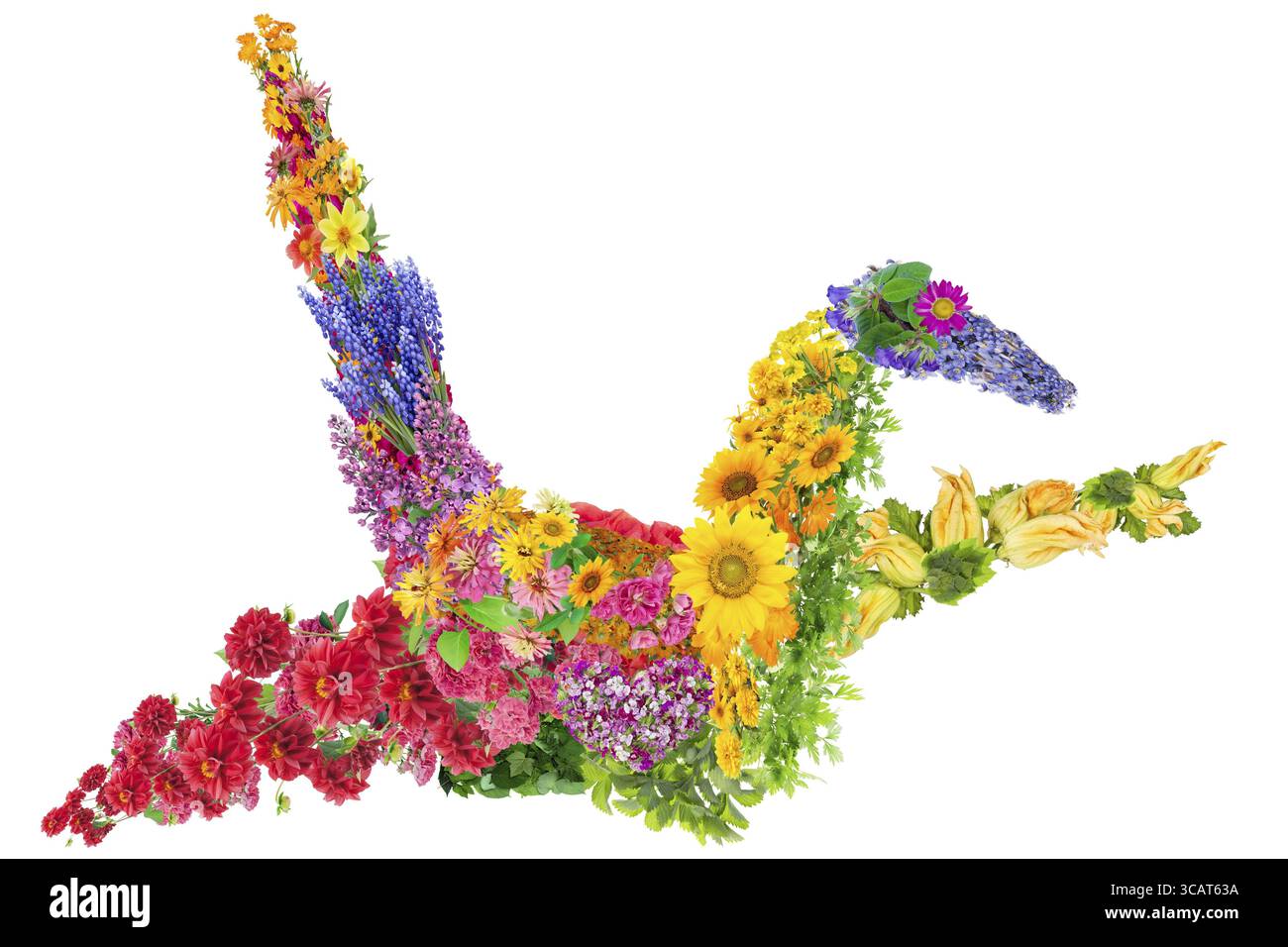 Le symbole d'une grue en papier japonaise est fait de collage de fleurs fraîches. Isolé Banque D'Images