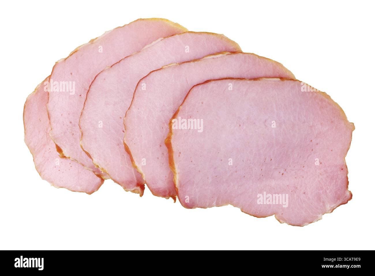 Cinq des fines tranches de jambon fumé rose isolé. Macro Studio shot alimentaire Banque D'Images