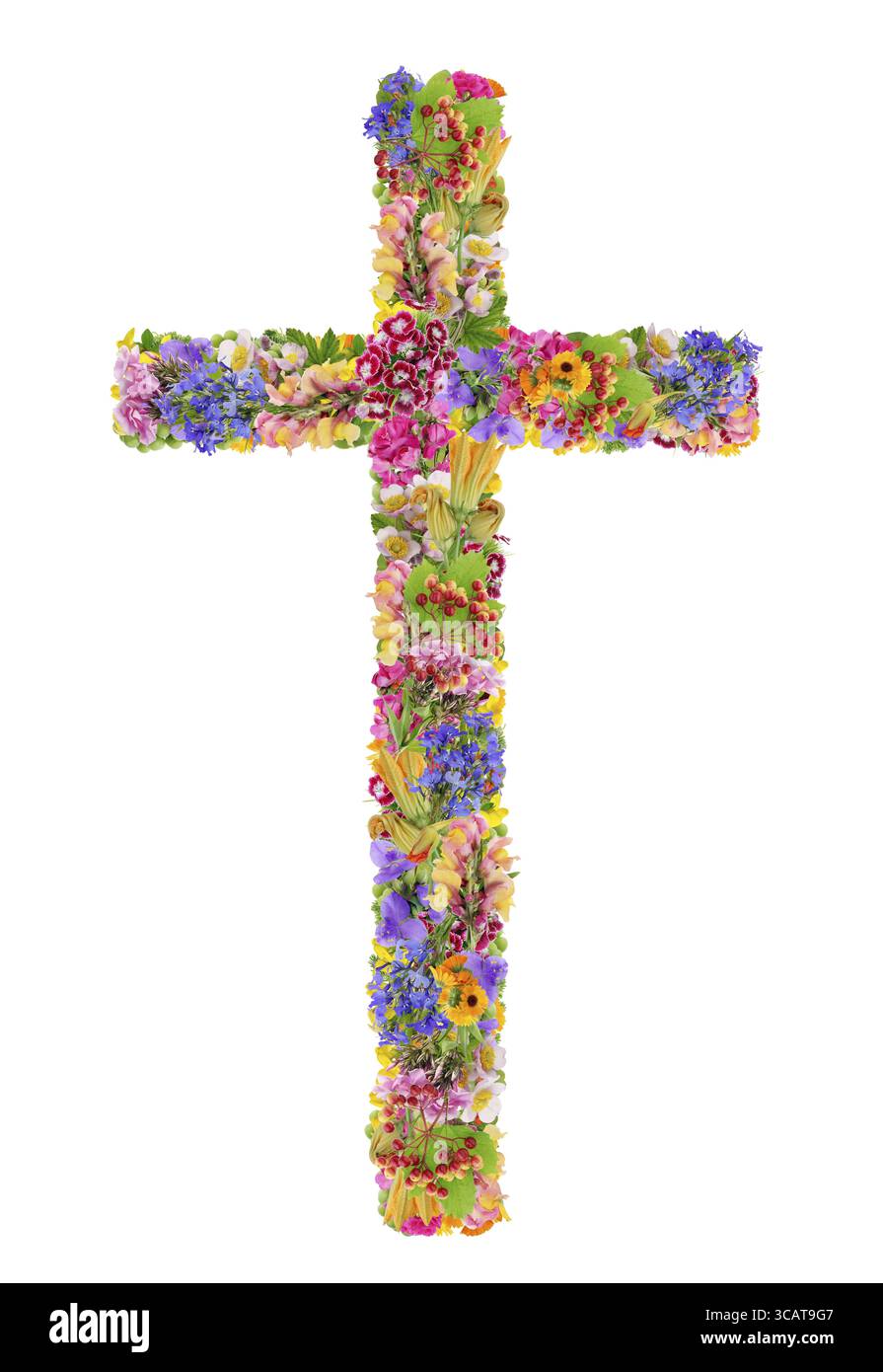 Croix de Pâques de Jésus faite de plantes et de fleurs d'été. Collage fait main isolé à partir de photos macro Banque D'Images