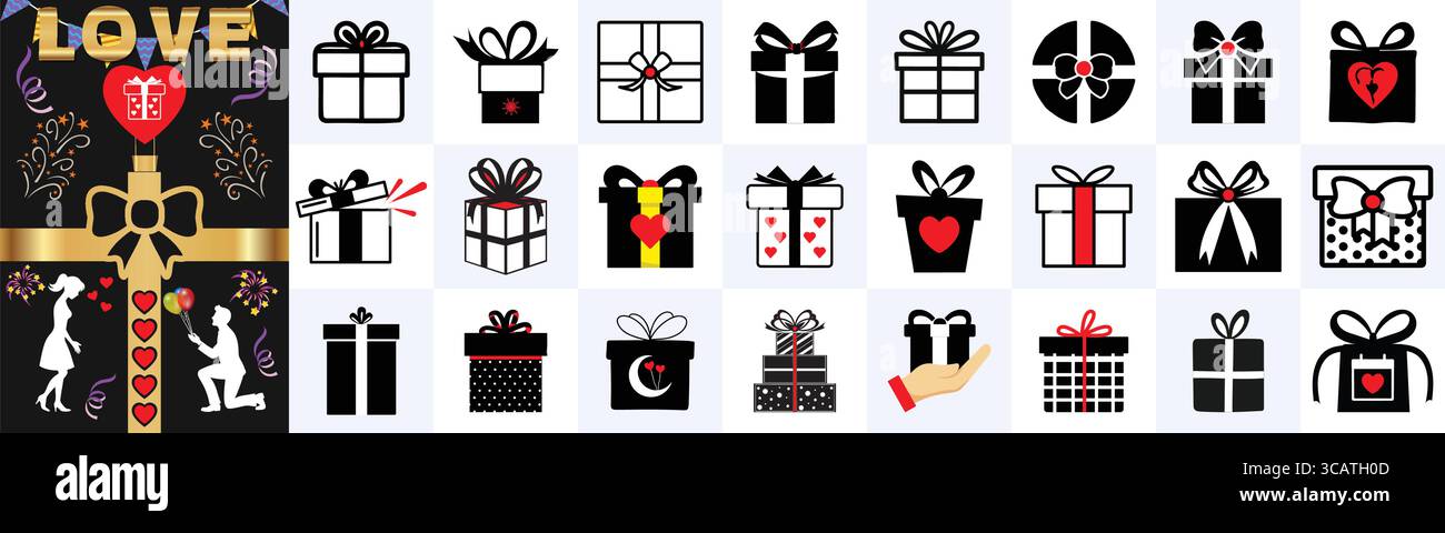 Icônes de boîte cadeau assorties et un design sur le thème de l'amour avec un couple et le mot amour en haut Illustration de Vecteur