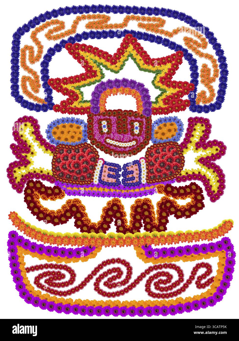 Tapis tapis élément antique archaïque - Mountain Got - vieux modèle naïf dans le style des Indiens d'Amérique. Collage fait à la main à partir de fleurs d'été sur blanc Banque D'Images