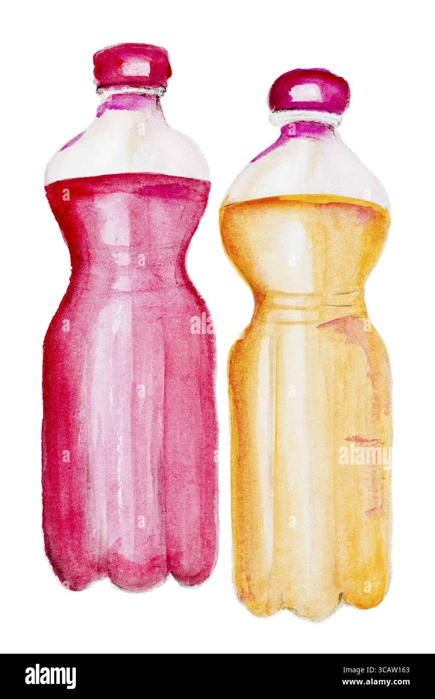 Non gazéifiées avec limonade sirop rouge et jaune en bouteilles en plastique concept. L'aquarelle peinte à la main art image isolée Banque D'Images