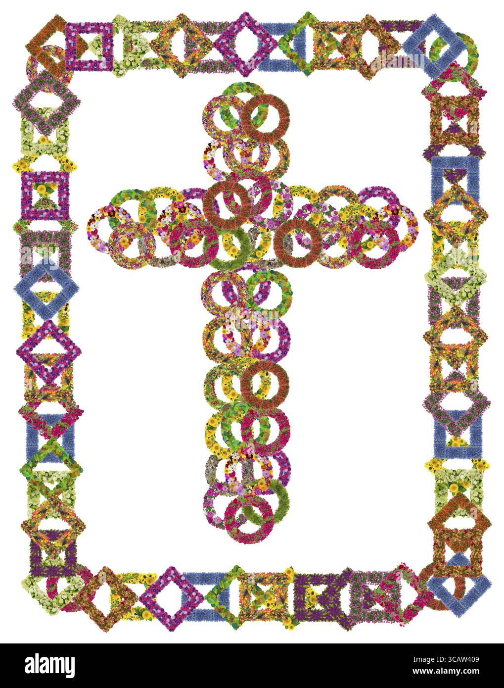 Simple croix catholique florale et cadre squarel de fleurs d'été. Isolé sur collage blanc abstrait fait à la main Banque D'Images