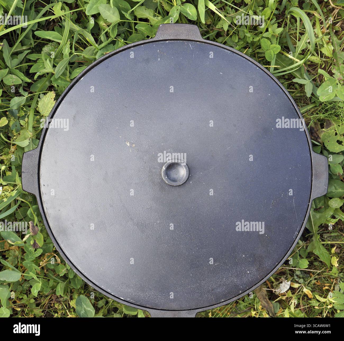 Grand pot noir en métal avec un couvercle pour rôtir la viande et les légumes est situé sur l'herbe. Vue de dessus en extérieur Banque D'Images