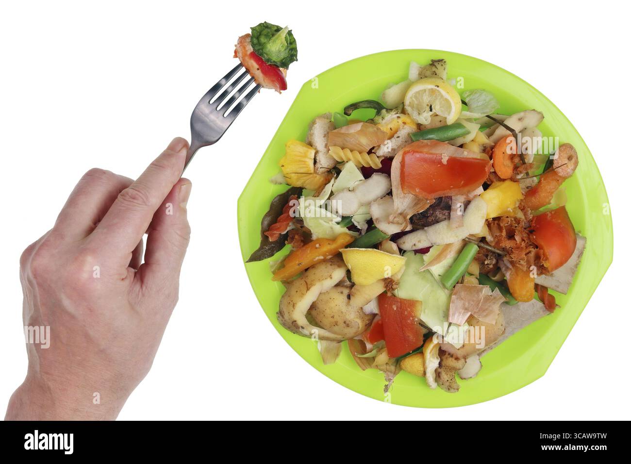À l'avenir, tous les gens mangeront des déchets de l'industrie alimentaire. Isolé sur concept blanc vue de dessus prise de vue studio Banque D'Images