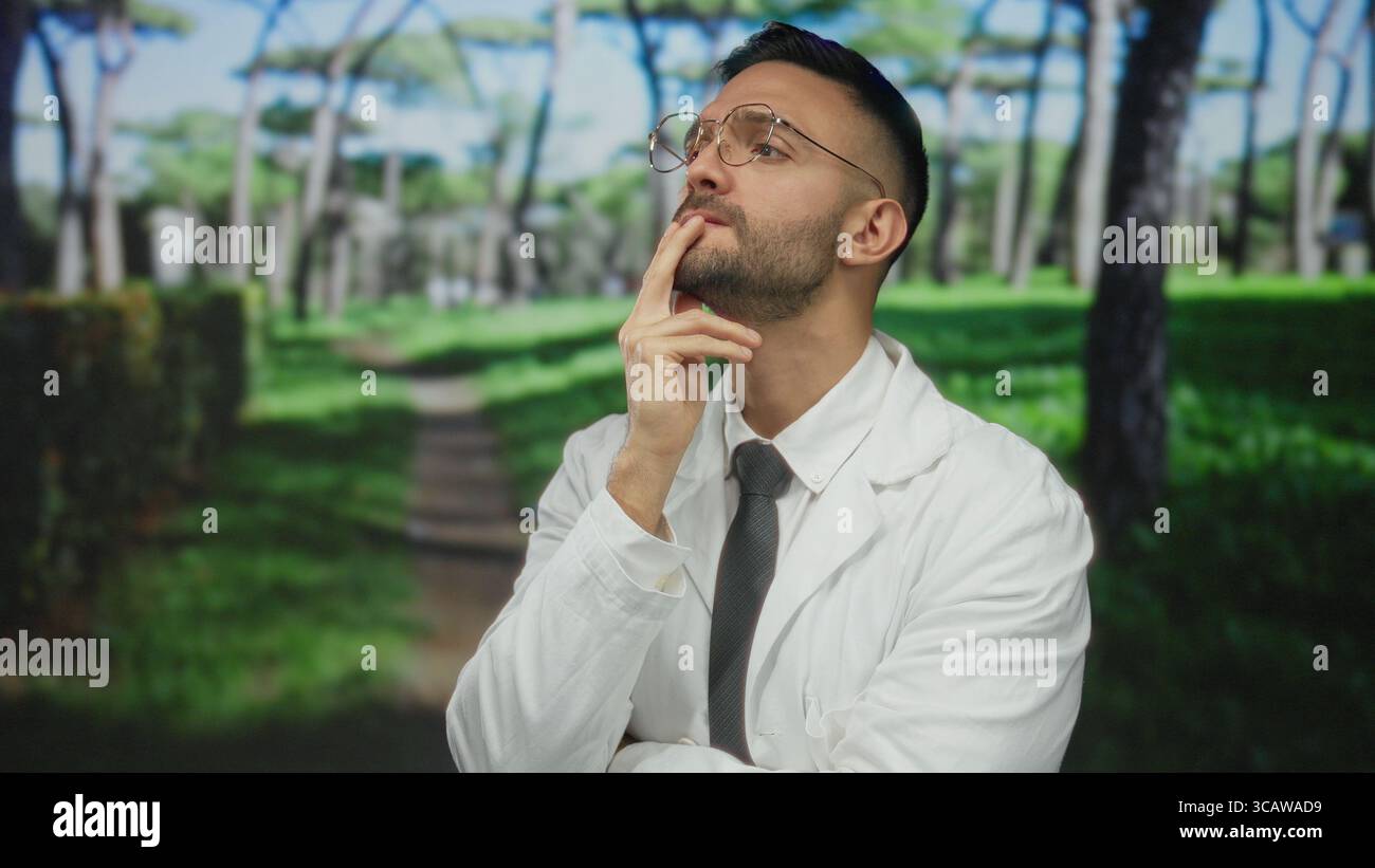 Jeune homme en manteau blanc et lunettes pose soigneusement dans un parc verdoyant, entouré d'arbres luxuriants, contemplant des idées par une journée ensoleillée. Banque D'Images