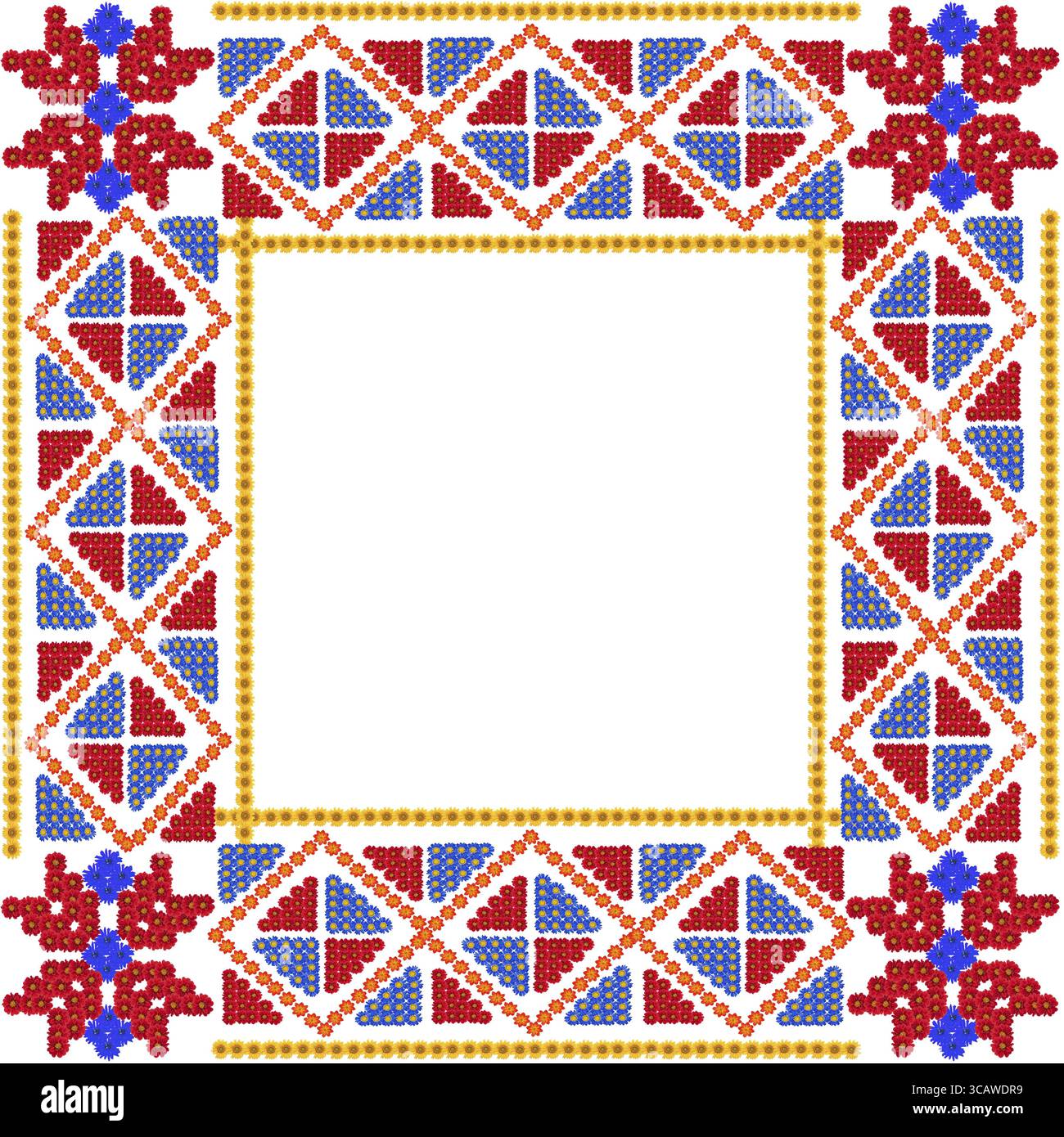 Mosaïque carré cadre rouge simple dans le style village fabriqué à partir de fleurs d'été. Collage abstrait isolé fait à la main Banque D'Images