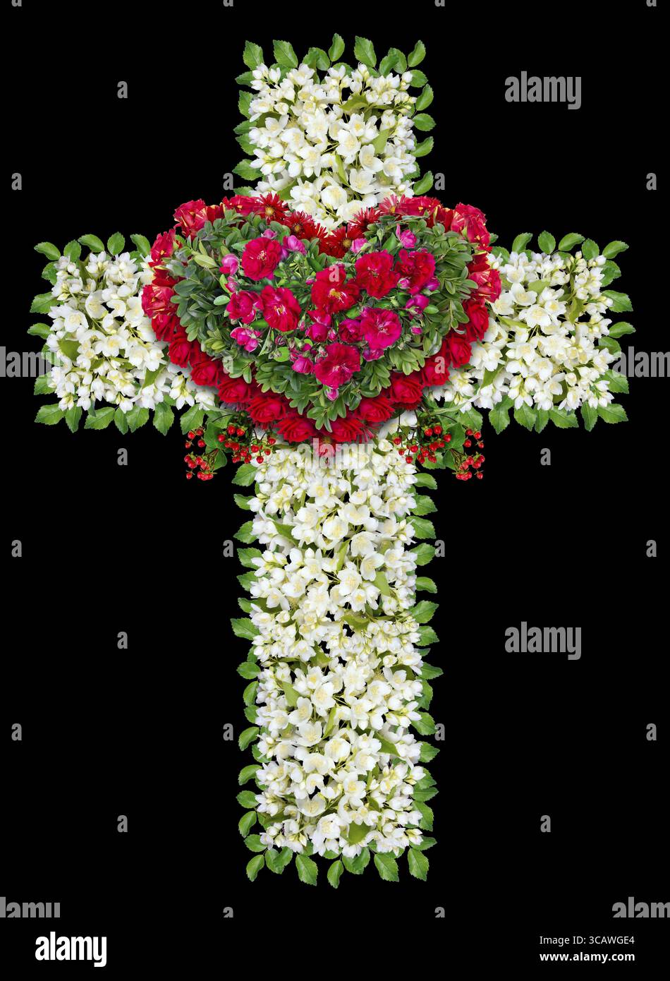 Deuil couronne Jésus comme croix . Isolé sur la main noire collage abstrait du blanc et rouge fleurs et feuilles vertes Banque D'Images
