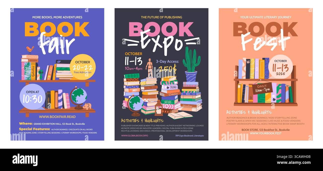 Ensemble de Foire du livre, Festival, affiches de l'exposition du livre. Illustration de Vecteur