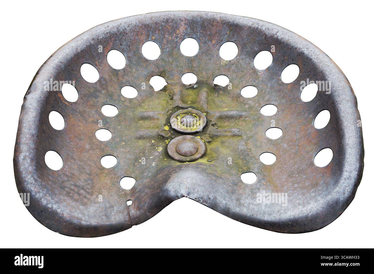 Siège en fer rouillé d'une machine agricole rétro. Isolé avec patch Banque D'Images
