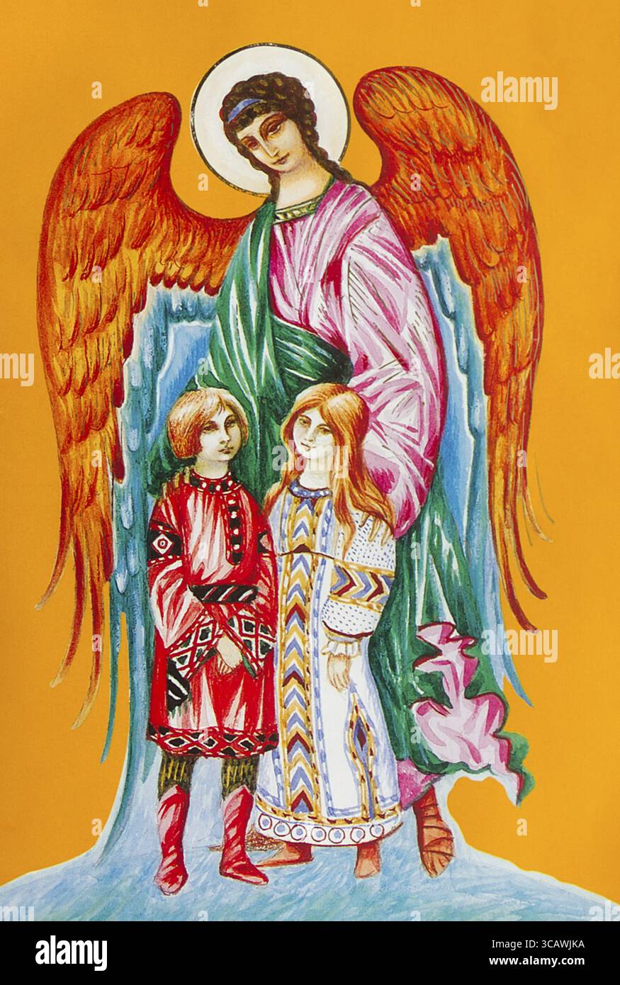 Ancienne fresque icône de l'ancien mur de l'église - Ange gardien pour les enfants Banque D'Images