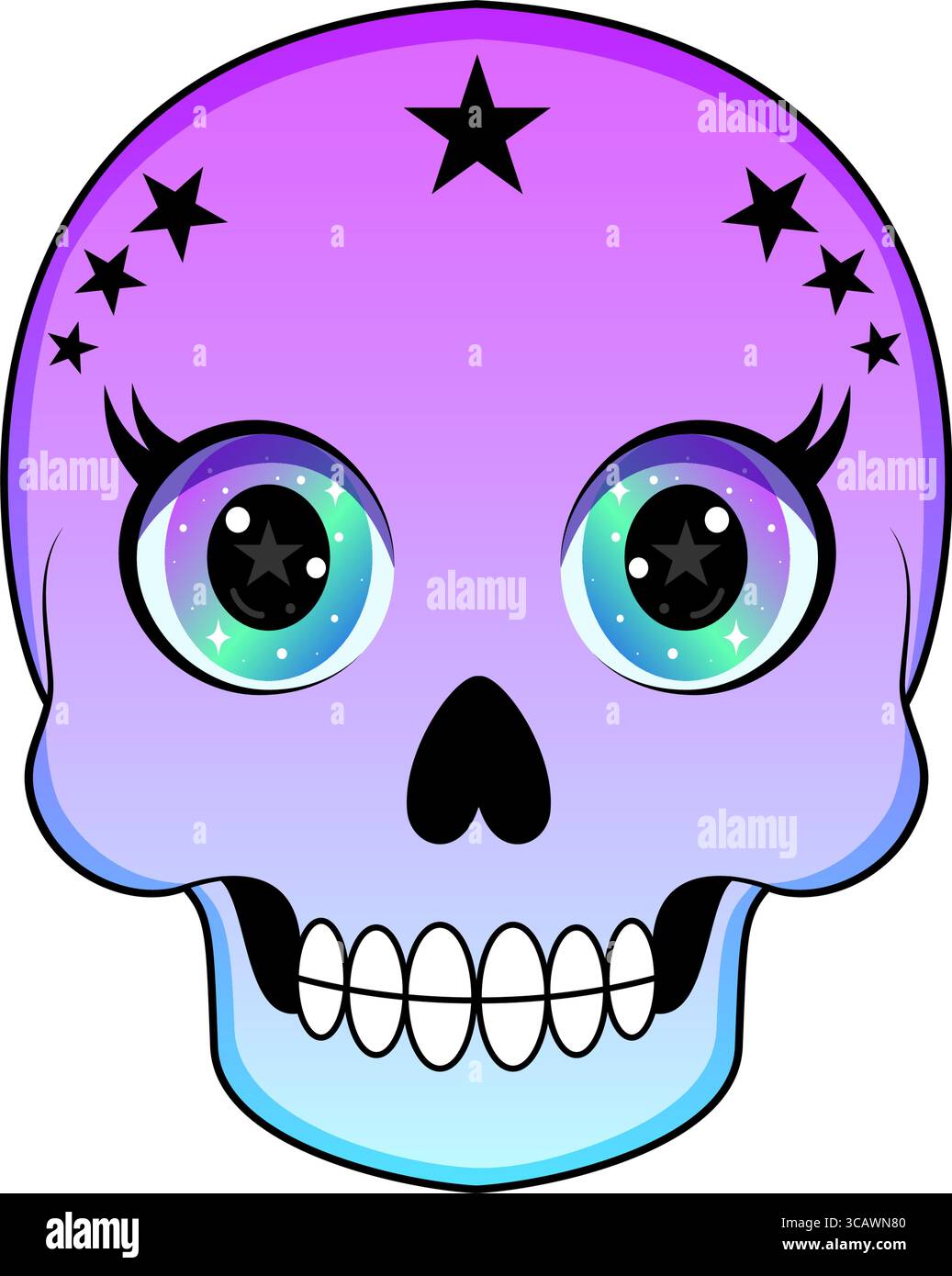 Illustration de crâne kawaii mignon et coloré avec de grands yeux et étoiles étincelants Illustration de Vecteur