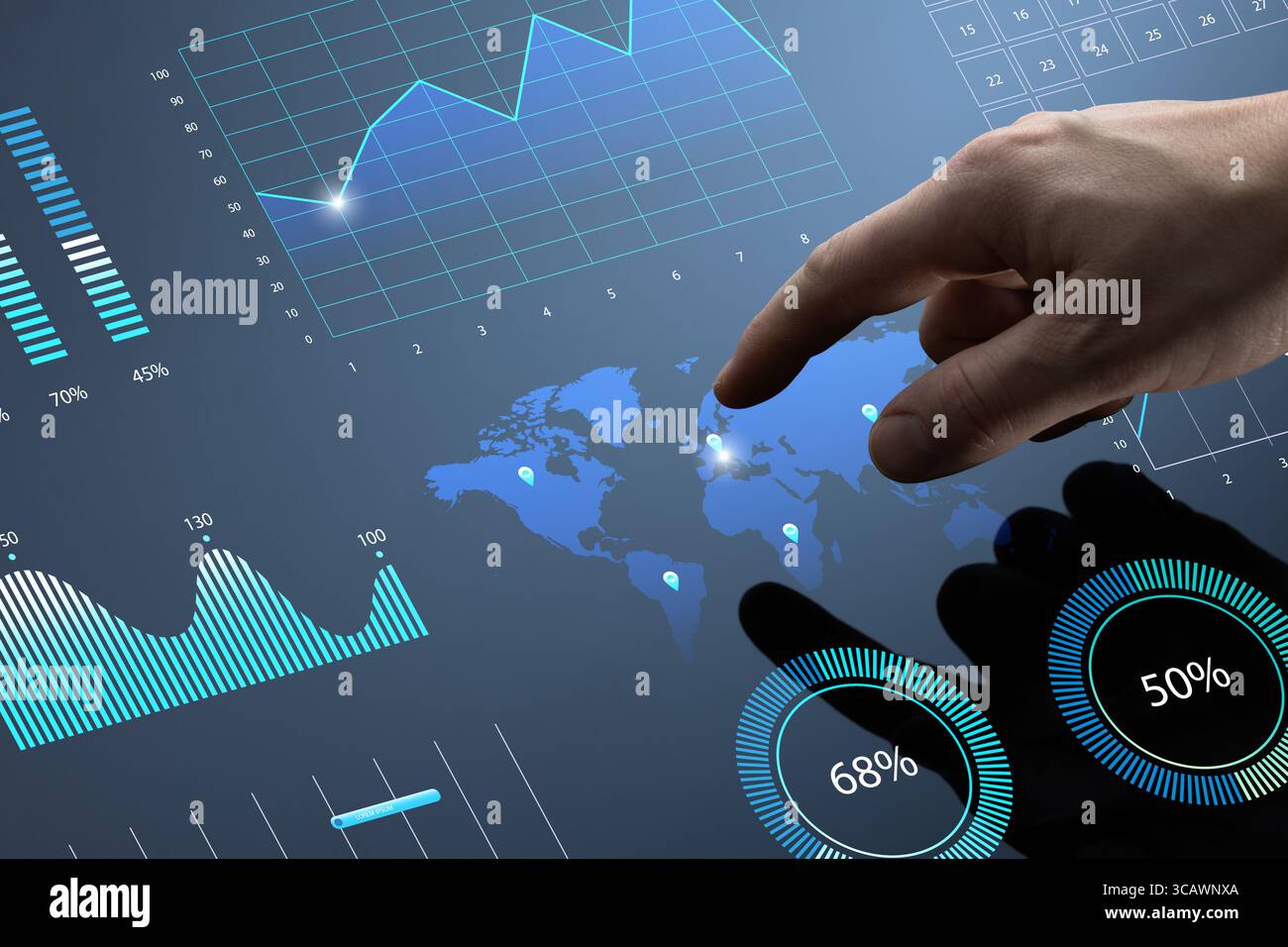 Une main interagit avec un tableau de bord numérique affichant des analyses, des graphiques et des données globales. L'interface futuriste symbolise l'intelligence d'affaires, bi Banque D'Images