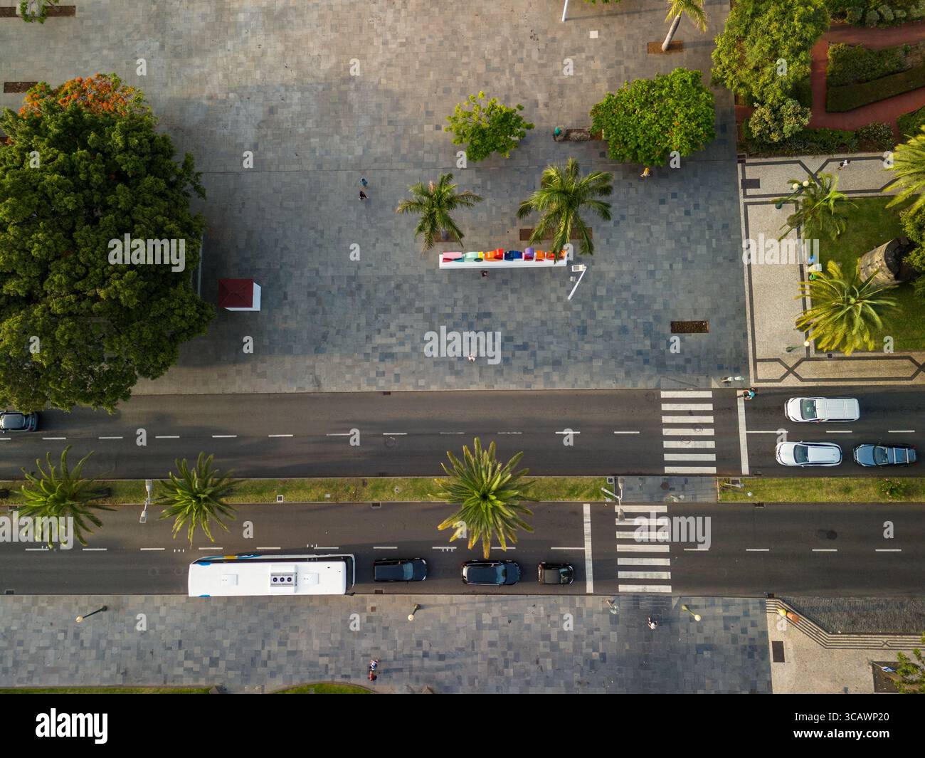 Panneau Madère à Funchal vu d'en haut - vue imprenable à vol d'oiseau de ce monument emblématique. Parfait pour les voyages, les drones et les amoureux du Portugal. Banque D'Images