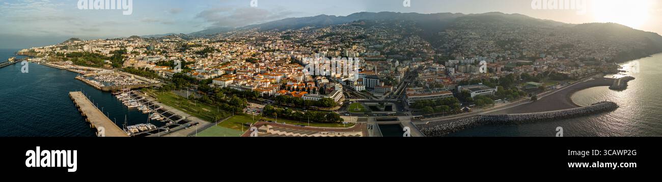 Vue panoramique sur le front de mer de Funchal Madère avec des bâtiments animés, une promenade bordée de palmiers et l'océan Atlantique qui s'étend à l'horizon. Banque D'Images