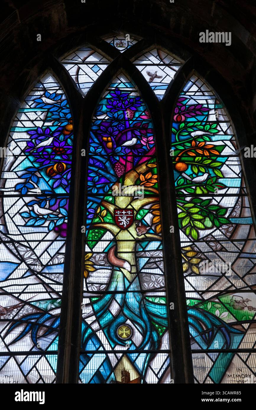 Leicestershire, Melton Mowbray, intérieur de l’église paroissiale St Mary, vitrail Tree of Life de Derek Hunt Banque D'Images