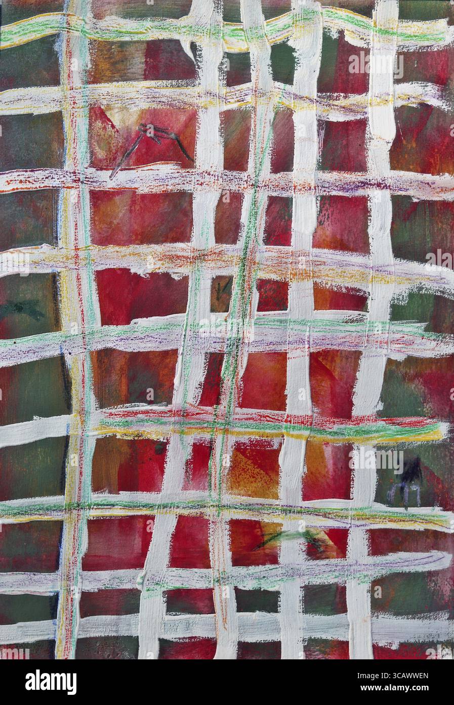 Simple abstrait sans nom arrière-plan de rayures blanches croisées avec un pinceau à l'huile sur rouge et vert Banque D'Images
