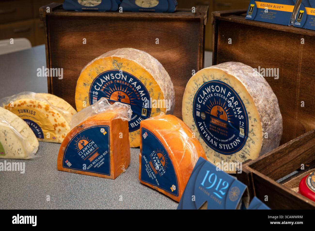 Leicestershire, long Clawson, Dairy, Clawson Farms Stilton, Red Leicester et d'autres échecs Banque D'Images