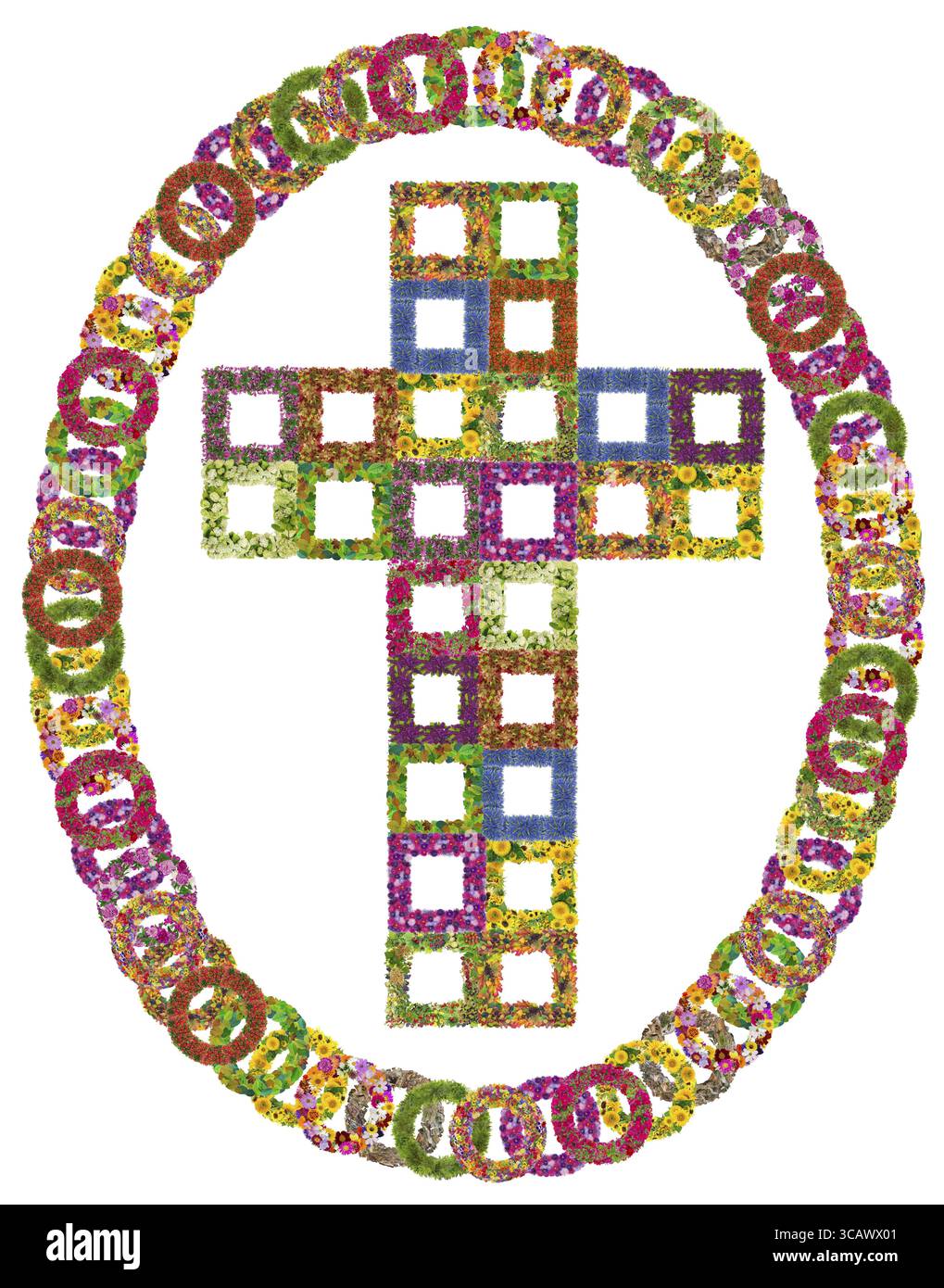 Simple croix catholique florale et médaillon cadre ovale. Isolé sur collage blanc abstrait fait à la main Banque D'Images
