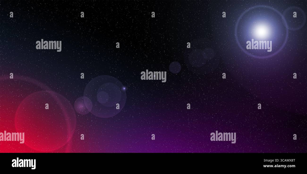 Scène spatiale étoilée sombre avec des étoiles dispersées, des reflets lumineux et des effets de lueur douce dans les tons violets, rouges et bleus. Une atmosphère cosmique rêveuse ID Banque D'Images