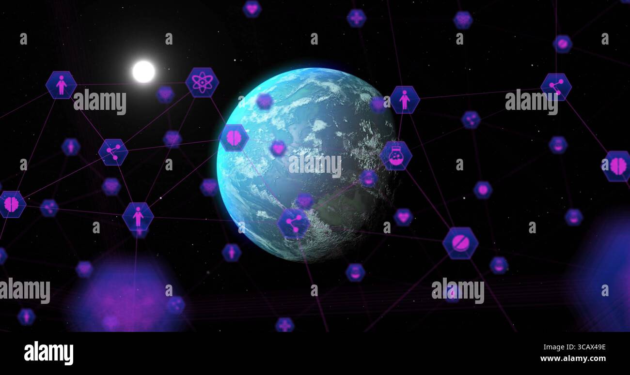 Globe terrestre flottant brillant dans l'espace extra-atmosphérique, avec des icônes de soins de santé hexagonales violettes et des lignes fines Banque D'Images