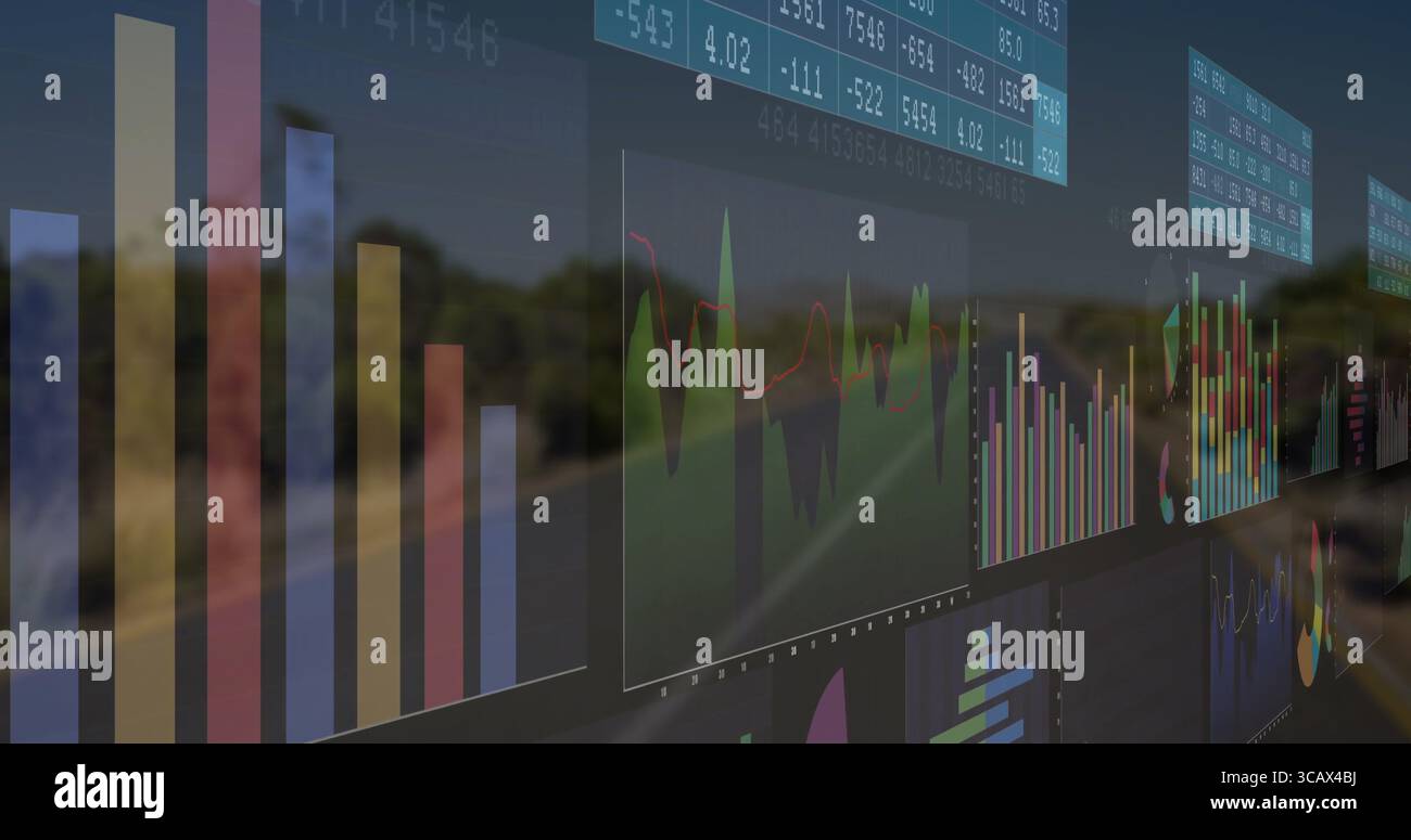 Tableau de bord flottant au-dessus de l'autoroute rurale montrant des graphiques à barres, des graphiques linéaires, des diagrammes circulaires, des tableaux numériques Banque D'Images