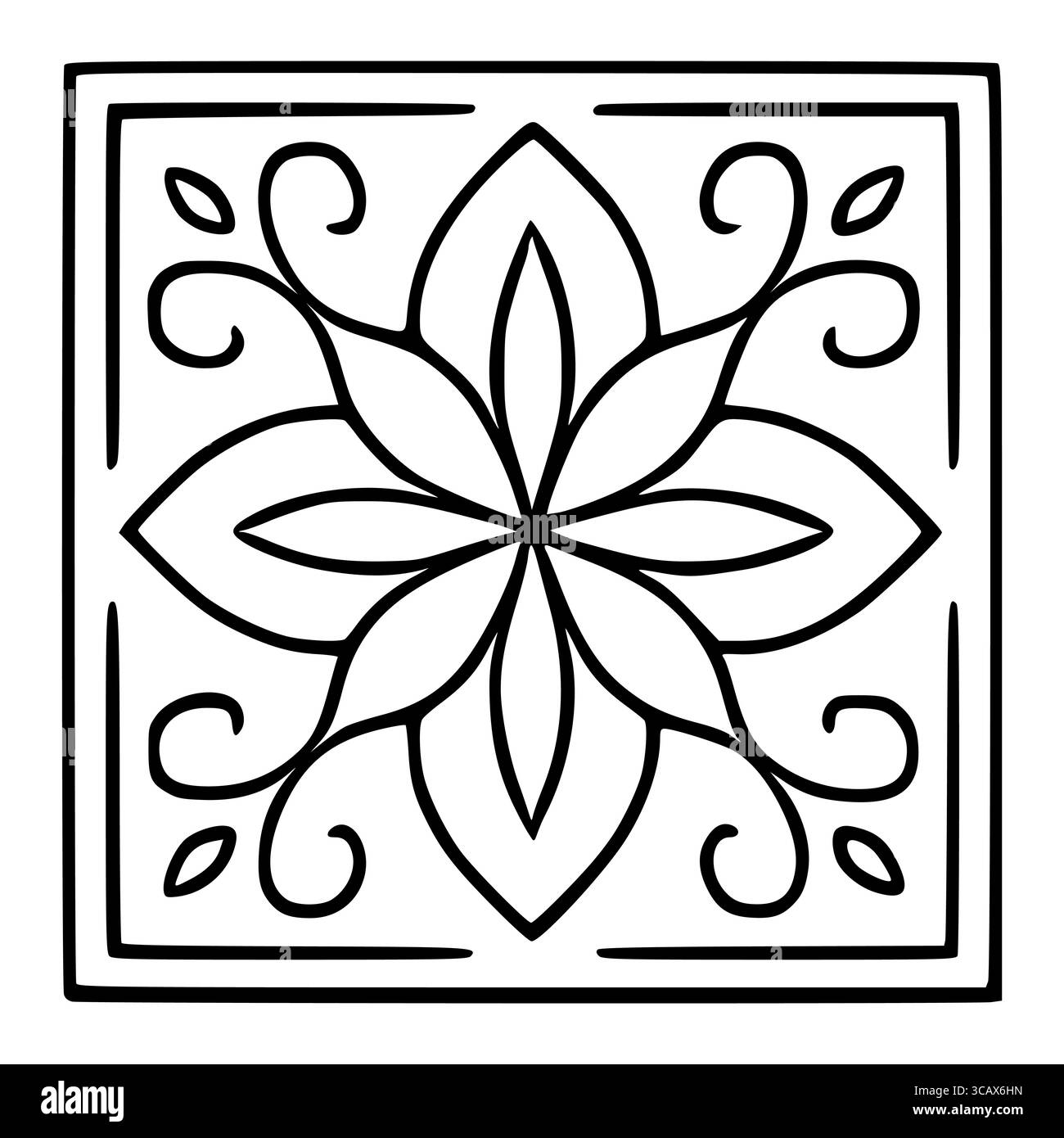 Élégant motif de carreaux floraux vectoriels avec une fleur symétrique centrale et des motifs de feuilles tourbillonnantes, encadrés par une double bordure audacieuse, idéal pour le projet de conception Illustration de Vecteur