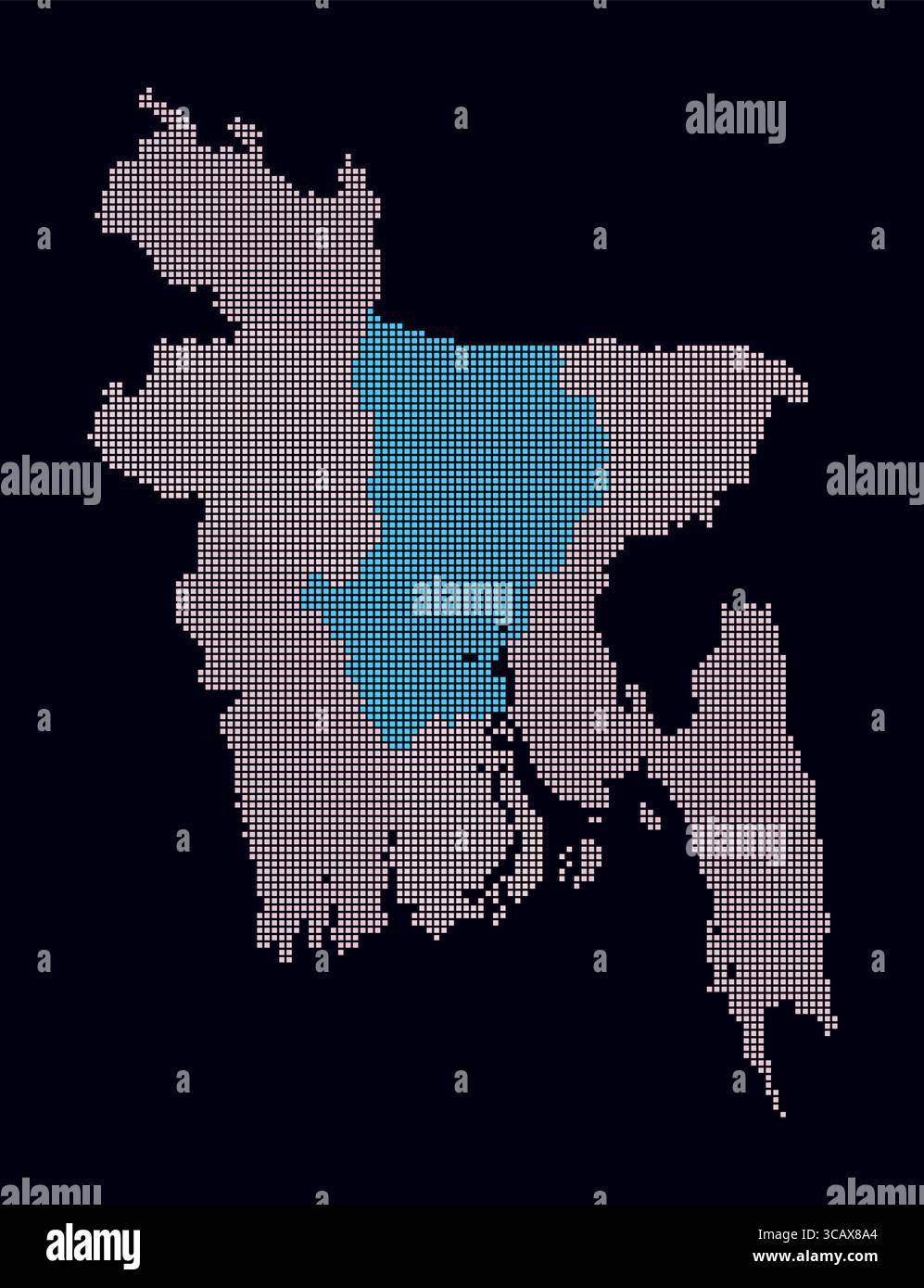 Carte en pointillés du Bangladesh. Carte de style numérique du pays sur fond sombre. Forme Bangladesh avec des points carrés. Style de points colorés. Carrés de petite taille. Illustration de Vecteur