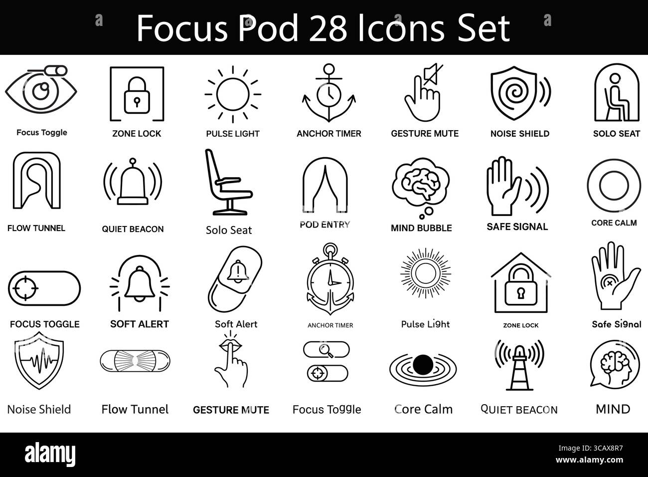 Icônes de ligne Focus Pod définissez des symboles minimaux pour le calme, la pleine conscience, la productivité, l'espace calme et la clarté mentale Illustration de Vecteur