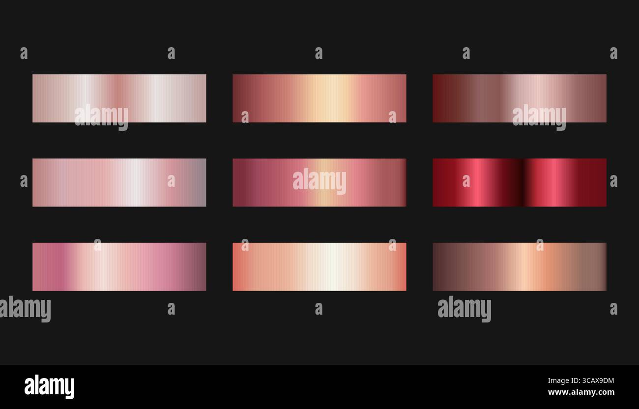 Ensemble de dégradés métalliques dans les tons or rose, rose, rouge et cuivre. Idéal pour la marque beauté, l'emballage ou la conception numérique. Illustration de Vecteur
