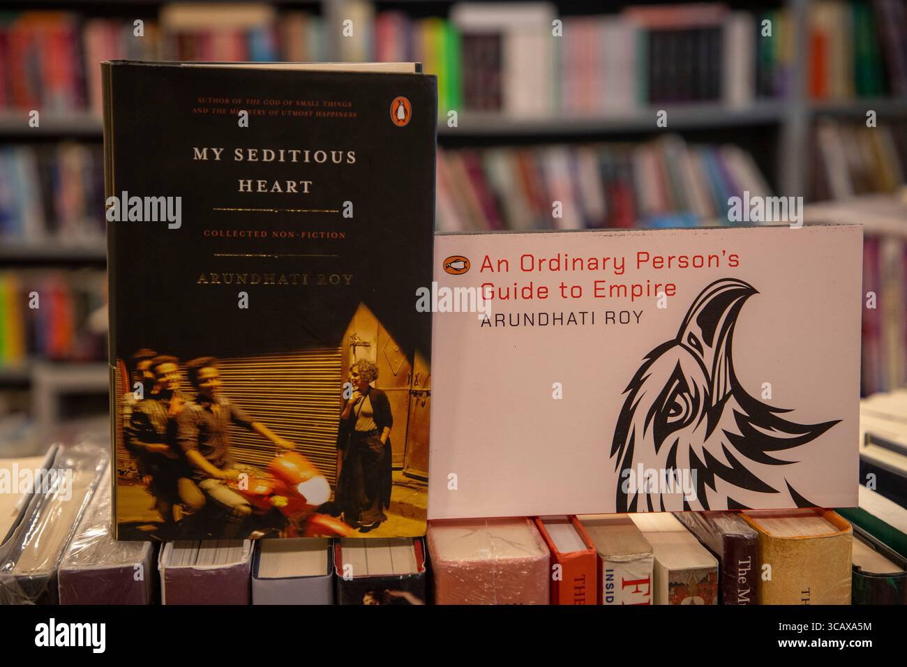 Les livres écrits par Arundhati Roy, lauréat du Booker Prize, sont exposés dans une librairie de la capitale Srinagar. Le 6 août 2025, les autorités du Cachemire sous administration indienne ont ordonné l’interdiction de 25 livres, y compris des œuvres d’auteurs indiens et internationaux éminents, alléguant que les titres promeuvent ce que les autorités ont appelé des « faux récits », « glorifient le terrorisme » et « incitent au sécessionnisme ». Les livres interdits couvrent un large éventail de sujets, y compris les droits de l'homme, la politique, le genre, l'histoire, et l'occupation militaire. Les autorités ont déclaré que la décision était basée sur des rapports de renseignement et des enquêtes qui ont eu lieu Banque D'Images