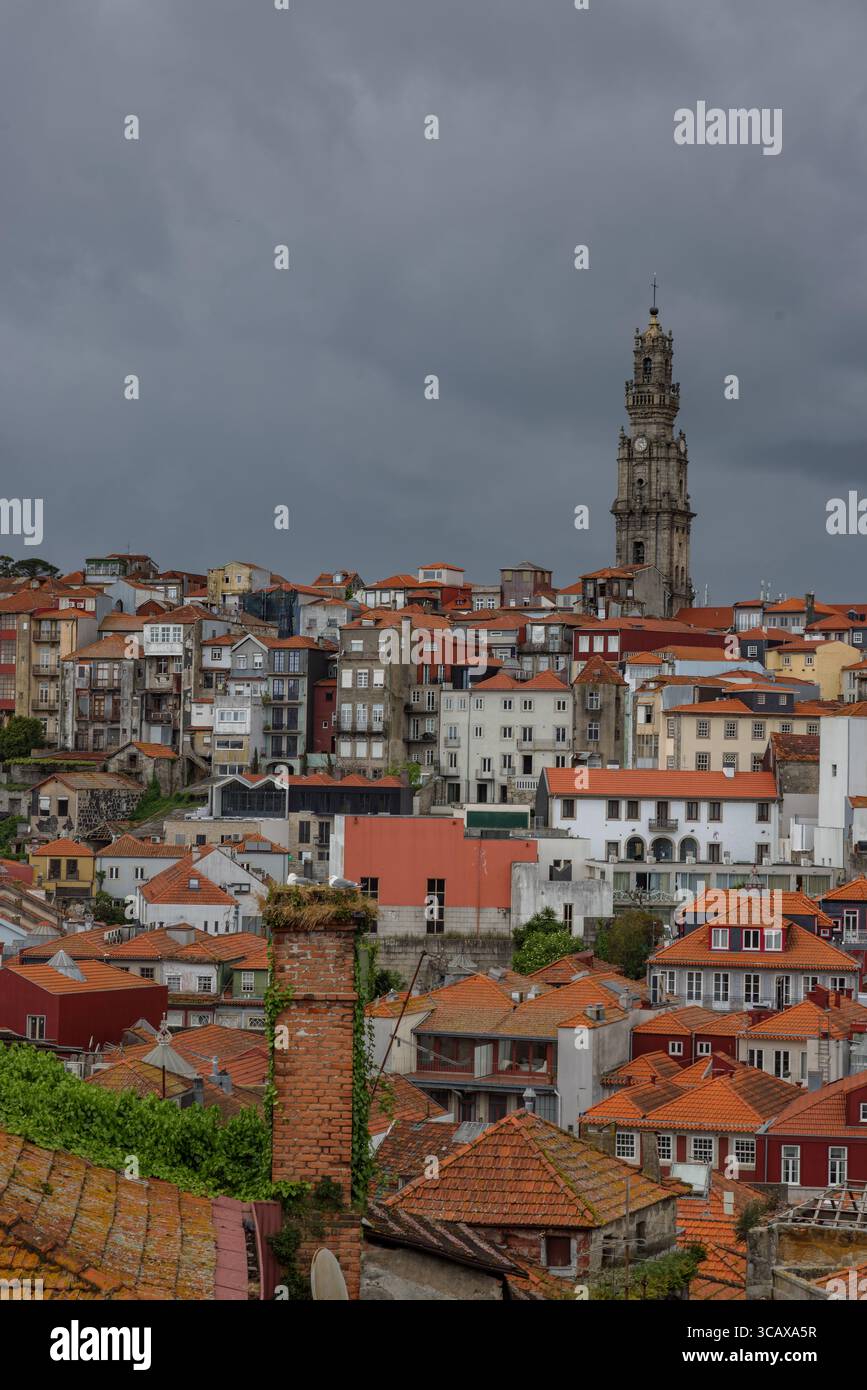 Vue sur les maisons colorées vers la Torre dos Clerigos dans la vieille ville de Porto, Portugal. Banque D'Images