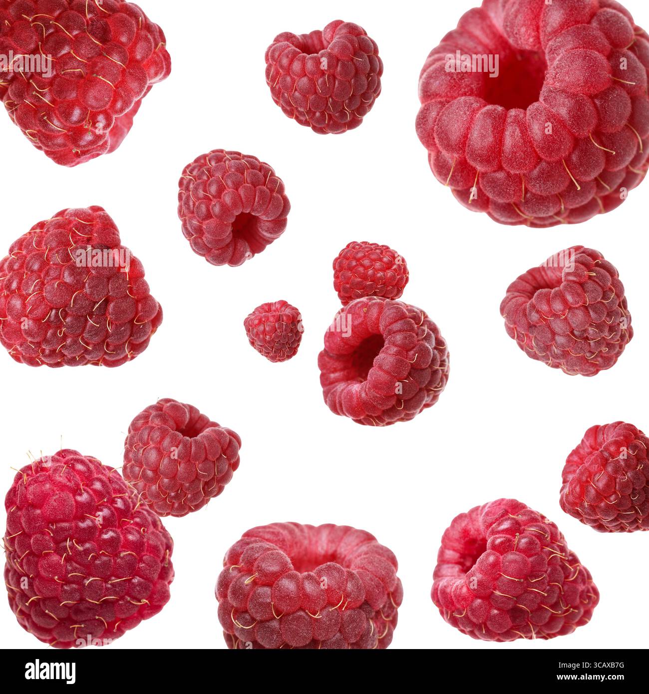 Framboises fraîches dans l'air sur fond blanc Banque D'Images