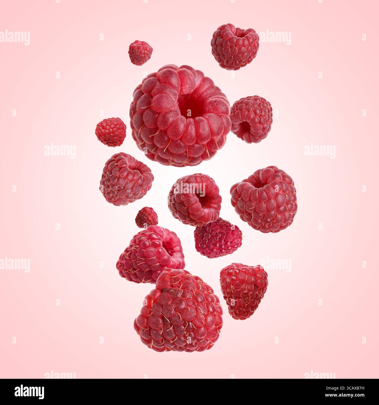 Framboises fraîches dans l'air sur fond rose Banque D'Images
