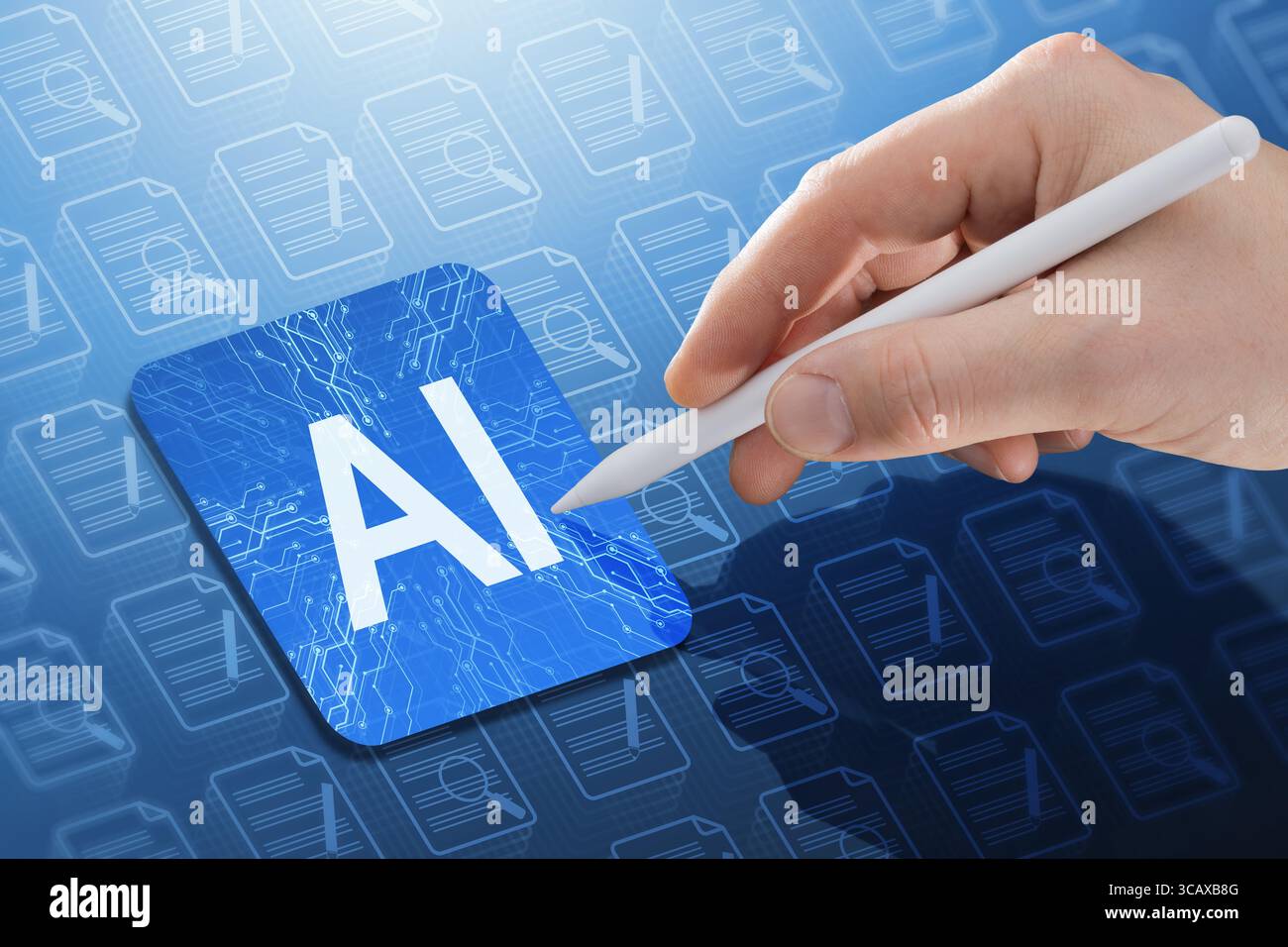 Un homme touche une icône ai sur une carte de circuit imprimé, symbolisant l'intelligence artificielle utilisée pour générer et rechercher des documents numériques Banque D'Images