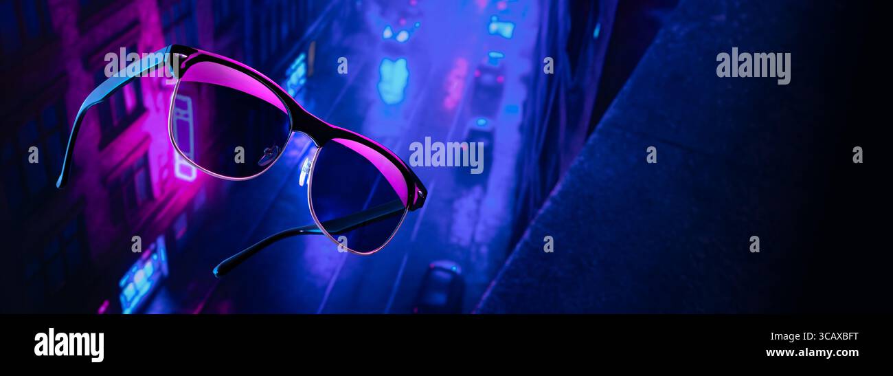 Élégantes lunettes inspirées du steampunk flottant dans les airs contre une ville sombre éclairée par des néons. Ambiance SCI-fi avec éléments lumineux et éclairage spectaculaire Banque D'Images