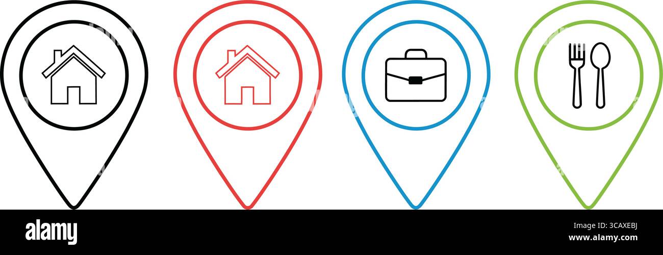 Cette illustration présente un ensemble d'icônes de repérage, chacune représentant différents points d'intérêt : une maison, une mallette pour le travail. Illustration de Vecteur