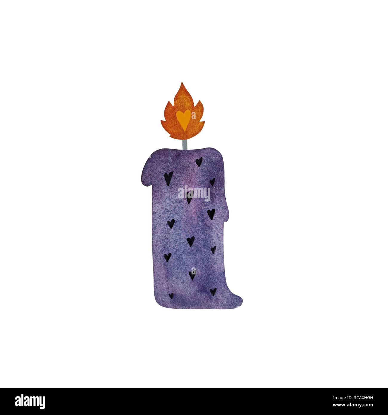 Illustration aquarelle d'une bougie brûlante violette avec un motif de coeur sur un fond blanc. Fantaisiste et magique, parfait pour les dessins fantastiques, Hal Banque D'Images