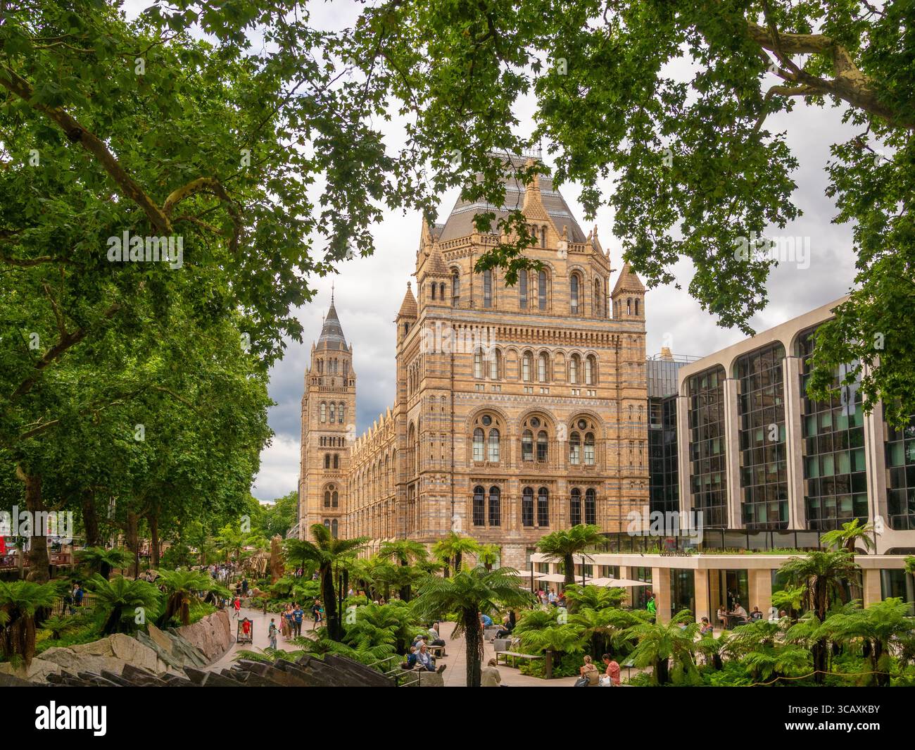 Une vue du Musée d'histoire naturelle, une attraction touristique mondialement connue, encadrée par les arbres verts d'Evolution Garden un jour d'été à Londres, Royaume-Uni. Banque D'Images