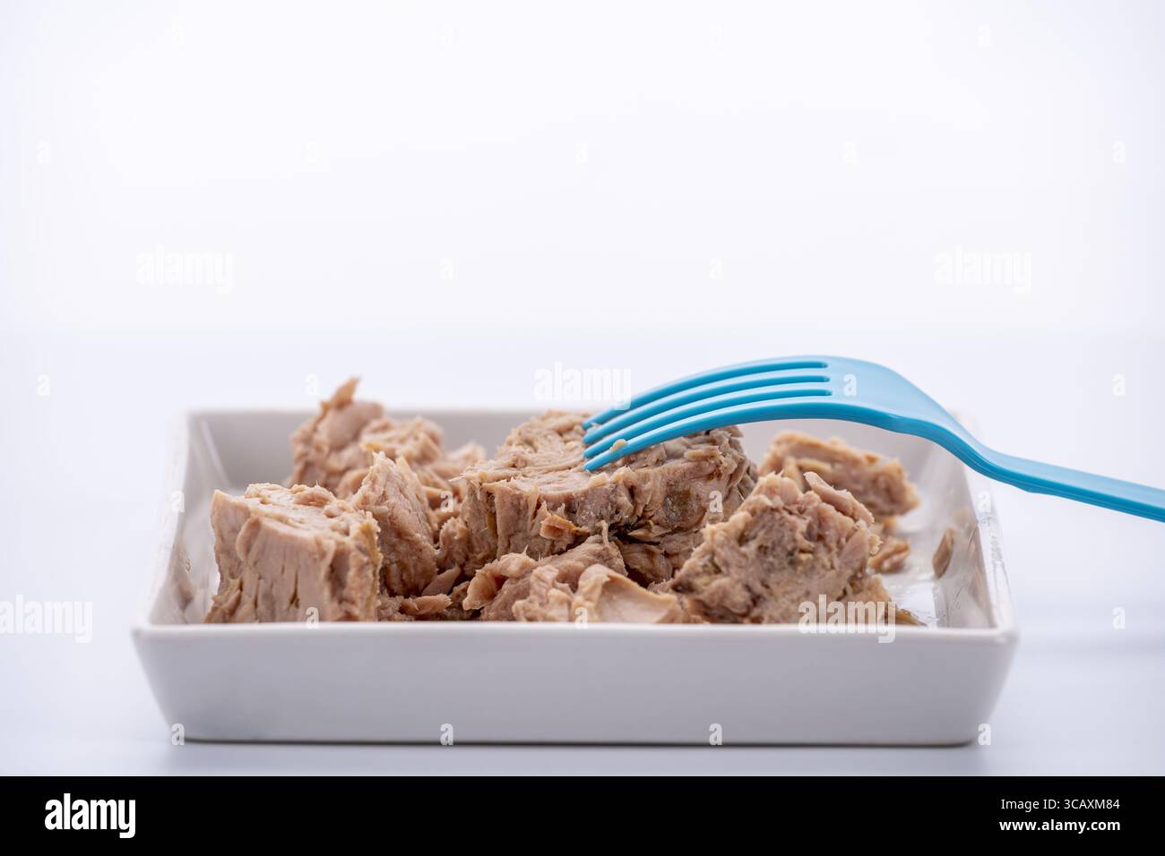 Thon en conserve en saumure, toujours en morceaux avec une fourchette en plastique bleu sur plaque carrée blanche sur fond noir blanc Banque D'Images