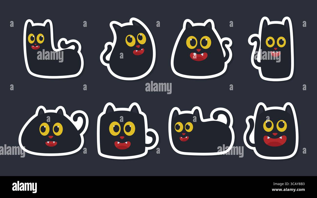 Collection d'adorables autocollants de chat noir avec des yeux jaunes et diverses formes mignonnes. Paquets d'illustration clip art noir chat Illustration de Vecteur