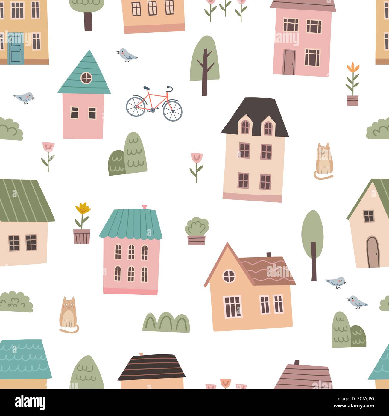 Modèle sans couture avec des maisons mignonnes, des éléments de design de ville sur fond blanc Illustration de Vecteur