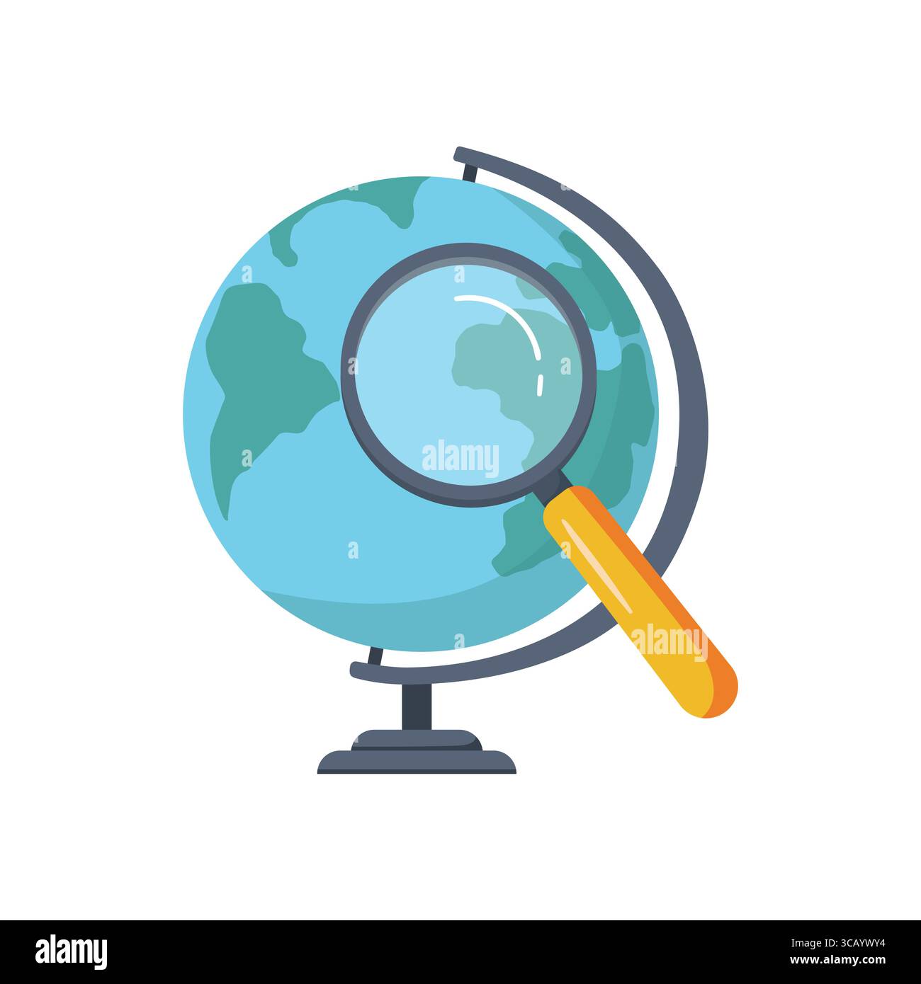 Loupe de dessin animé et icône de globe sur fond blanc. Illustration vectorielle plate Illustration de Vecteur