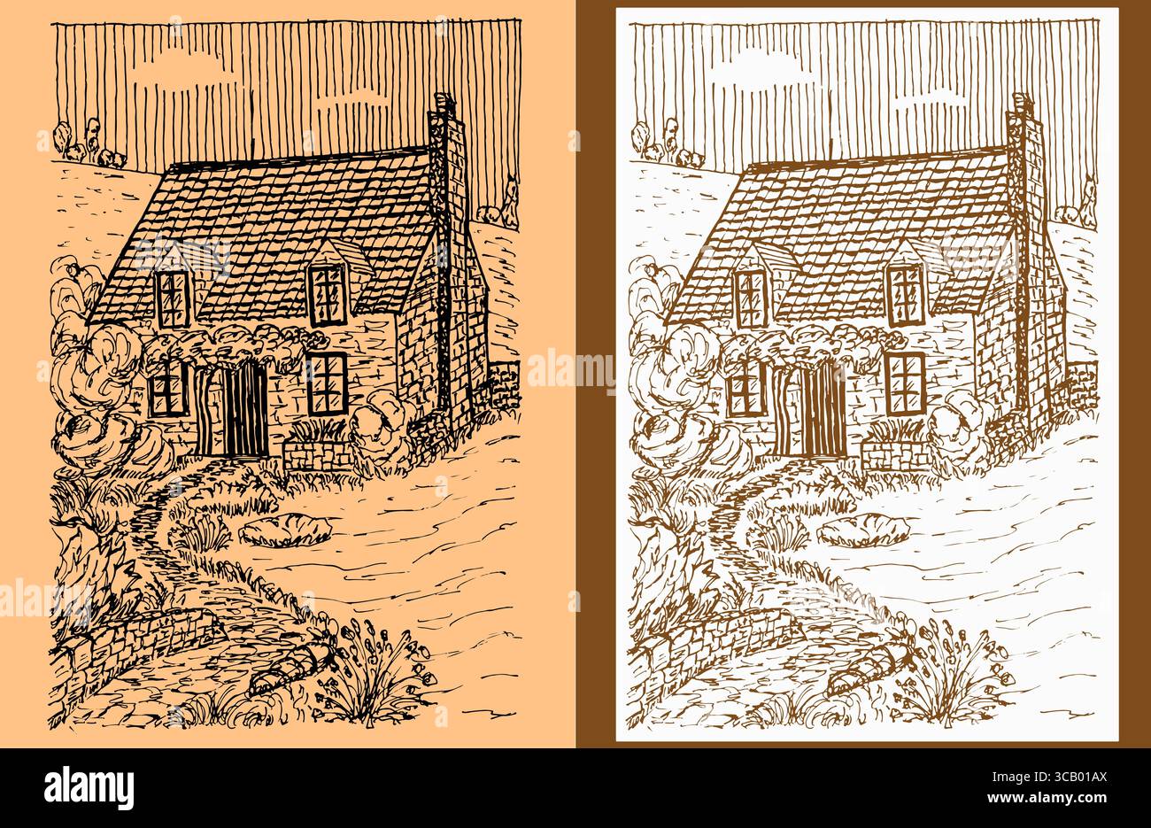 Ce charmant croquis dessiné à la main représente un cottage pittoresque avec un toit abrupt et carrelé et une cheminée en pierre, niché au milieu d'un feuillage luxuriant. Un jardin sinueux Pat Illustration de Vecteur