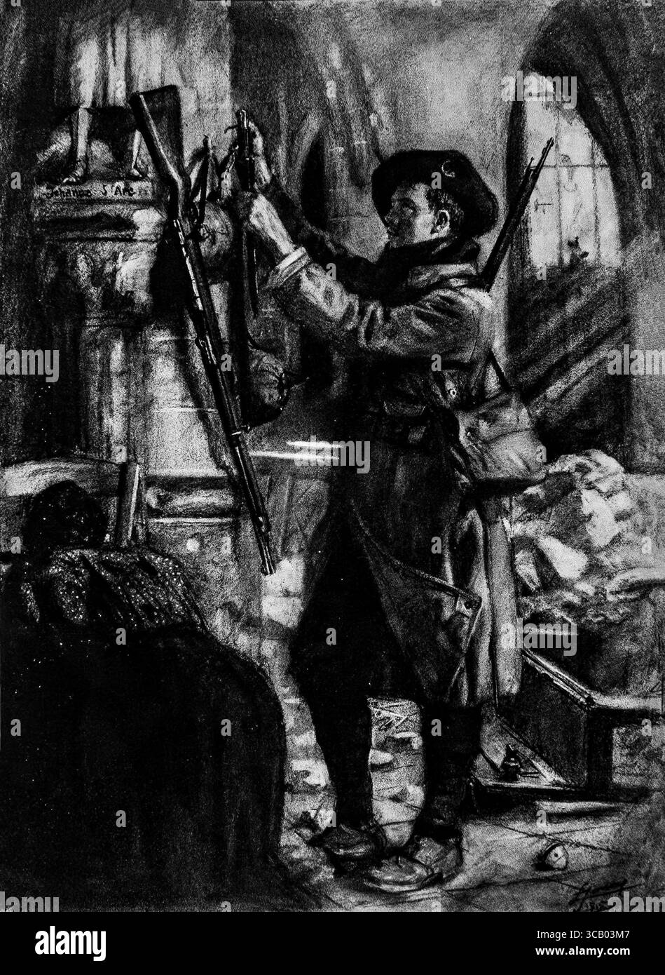 Illustration de la première Guerre mondiale par Lucien Jonas : dans une église en ruine, un chasseur français Alpin place un fusil allemand capturé, une baïonnette et un casque aux pieds d'une statue de Jeanne d'Arc. Intitulée LíEx-Voto, cette image puissante symbolise la gratitude, le sacrifice et le patriotisme religieux en France en temps de guerre. Publié dans L'illustration, avril 1916. Banque D'Images