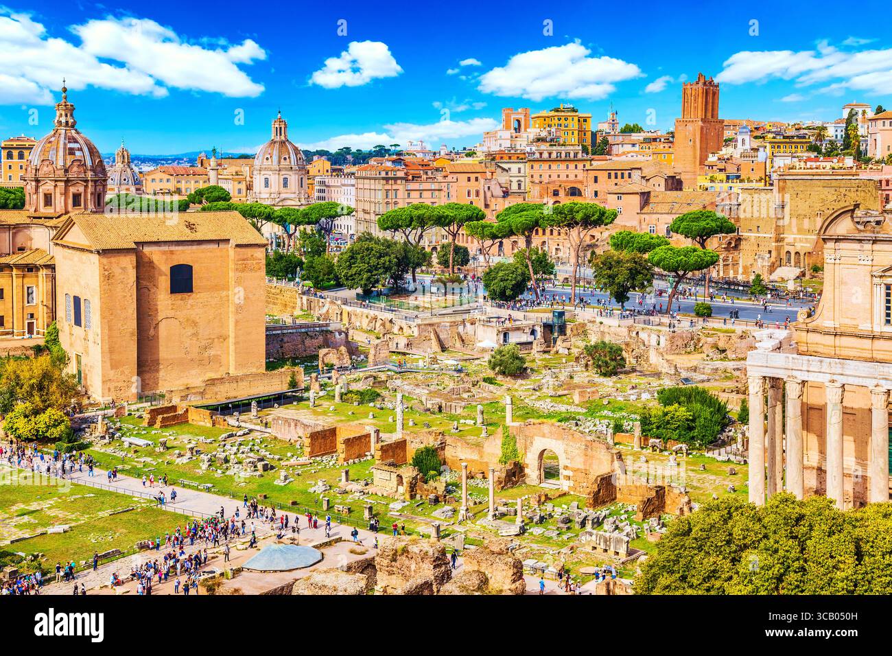 Vue panoramique du Forum romain à Rome, Italie. Monuments célèbres dans le monde entier en Italie pendant la journée ensoleillée d'été. Banque D'Images