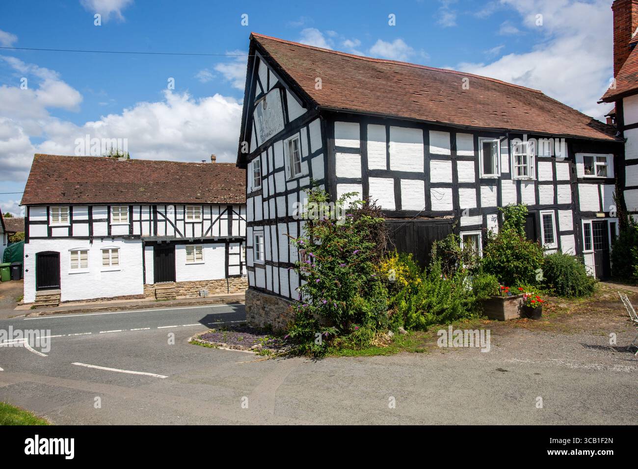 Cottages anglais noirs et blancs par excellence dans le village Herefordshire de Pembridge en Angleterre Banque D'Images